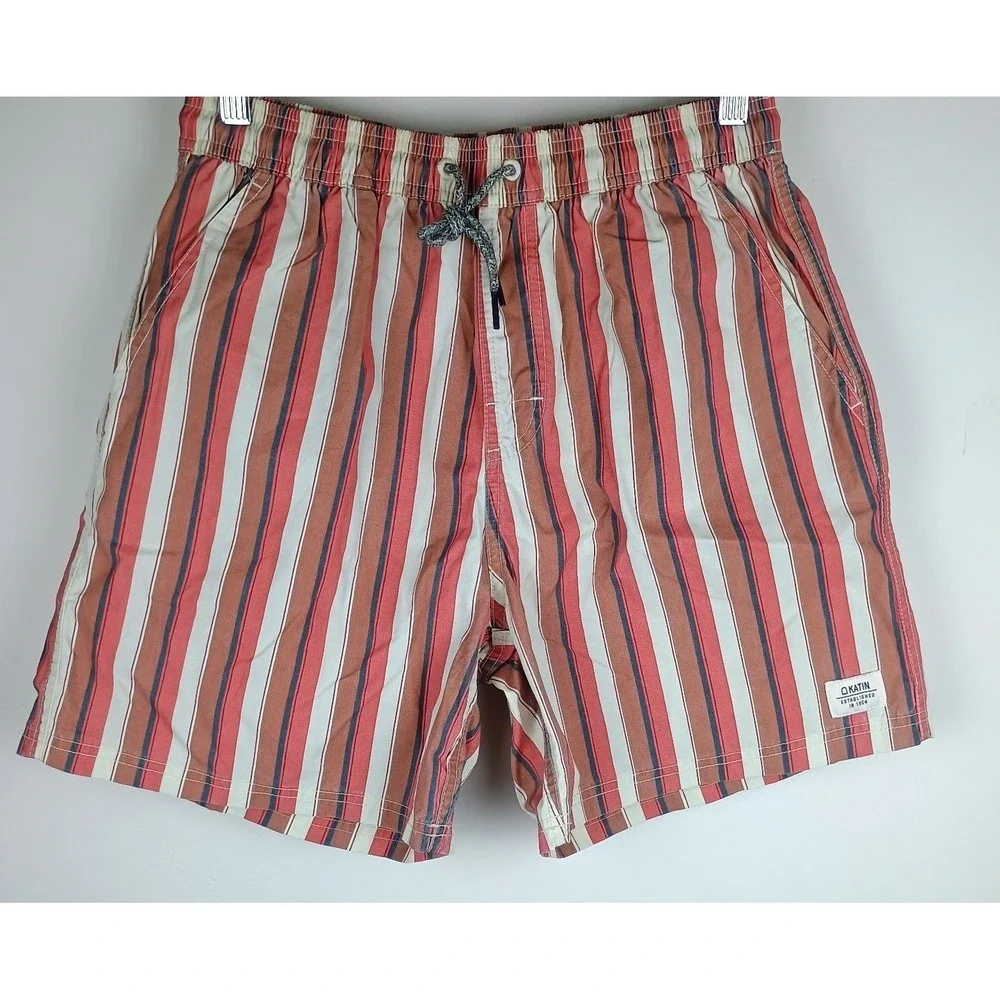 Katin Board Shorts Mens Medium Striped Red Tan Blue‎ Surf Swim Trunks